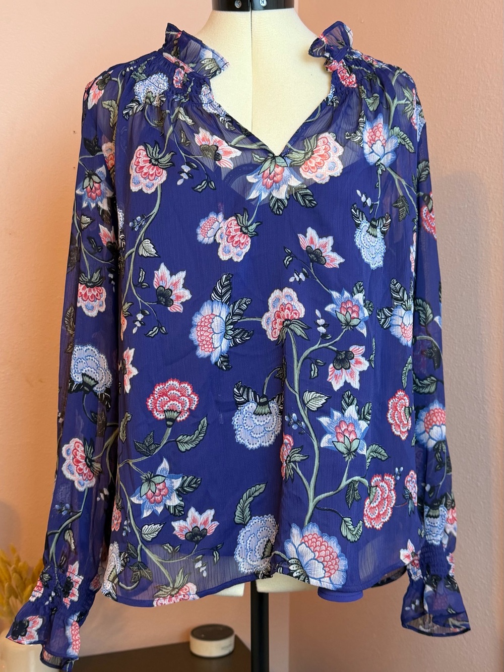 LOFT Sheer Floral Ruffle-Neck Navy Blouse
